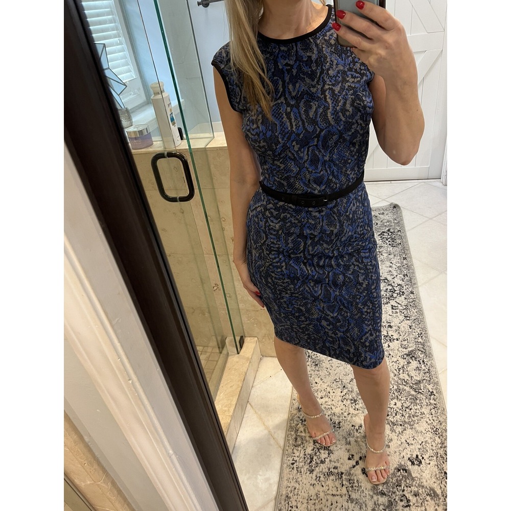 Cache Blue Snakeskin Belted Wiggle Dress M Sleeveless Career Cocktail Stretch